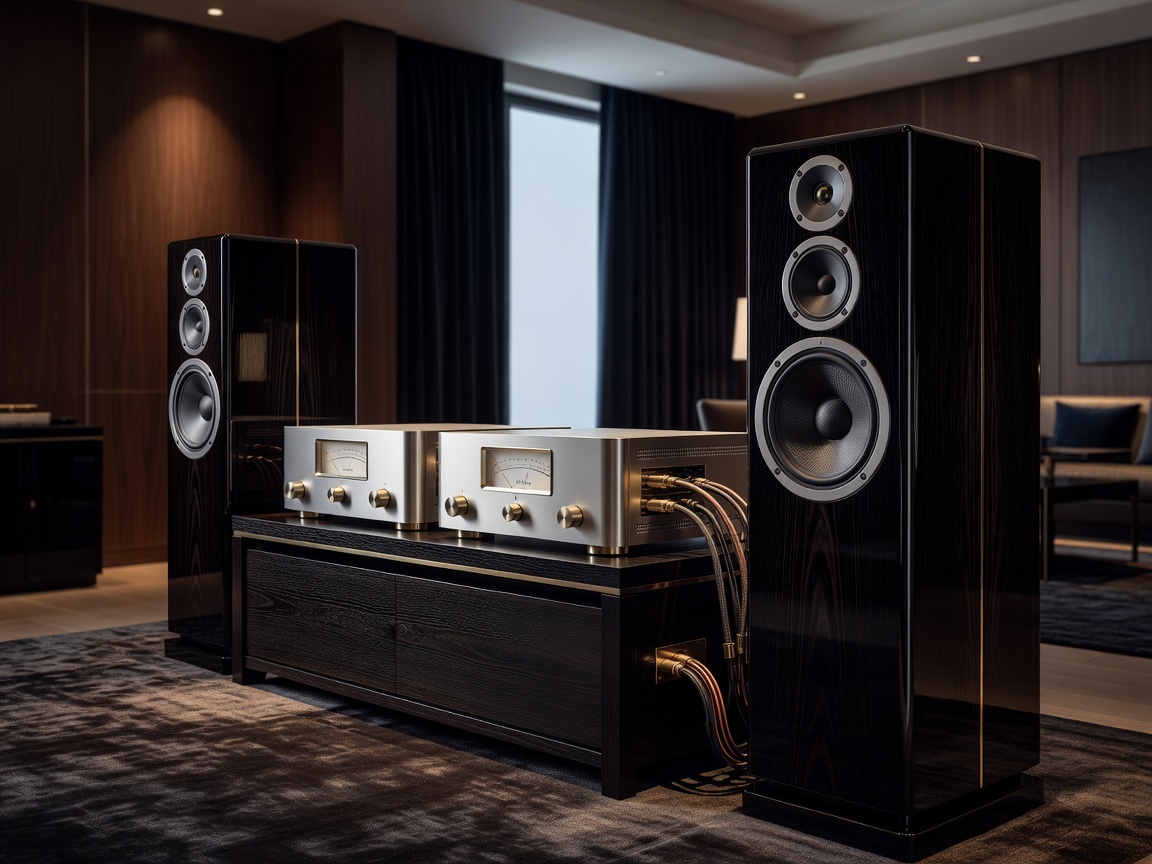 Beautiful details of a high end home audio amplifier and speaker setup