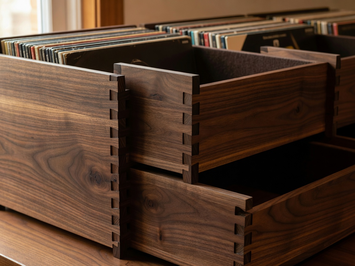 Beautiful details of wood joints and record organizer bins