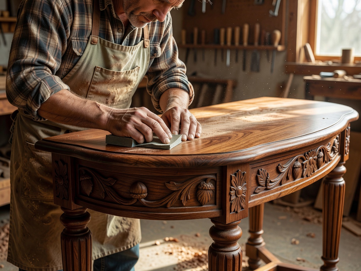 Detail closeup of a master woodworker sanding an architectural console