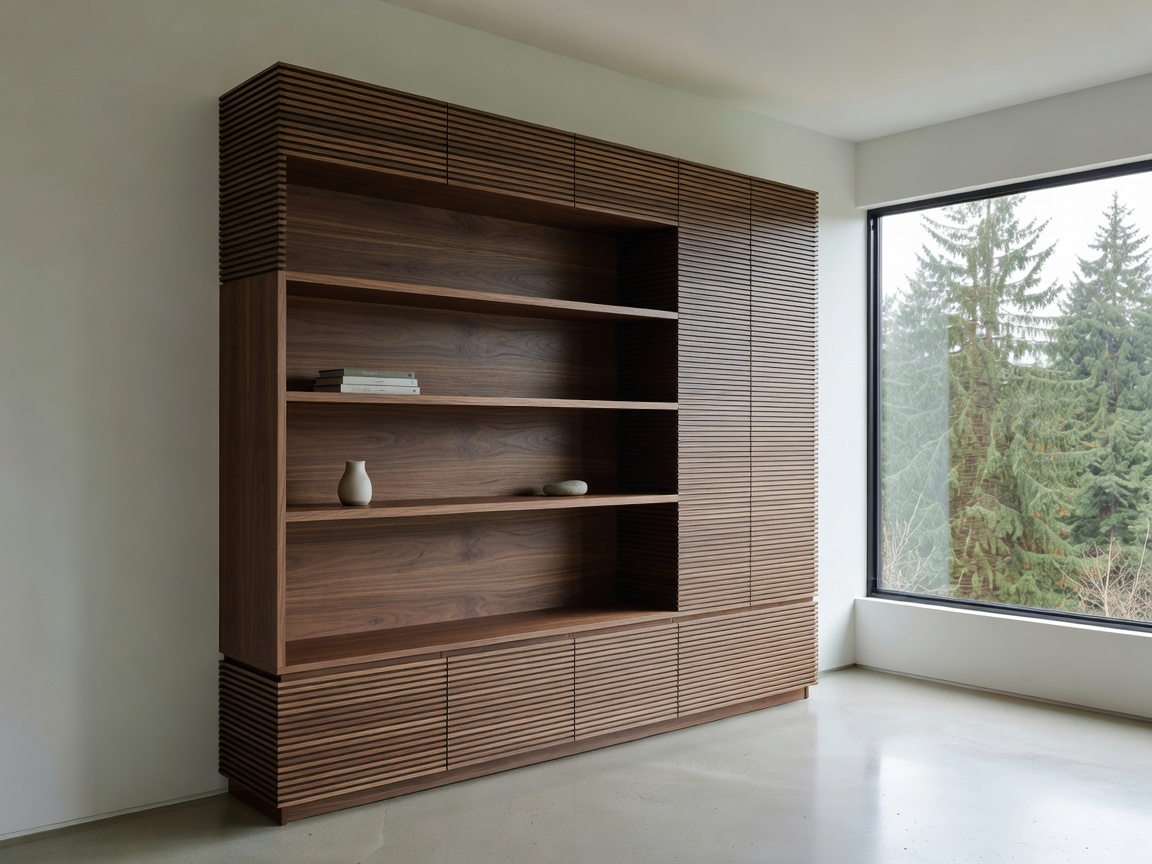 Minimalist interior of Portland residence featuring Shelves Groovs Walnut cabinet