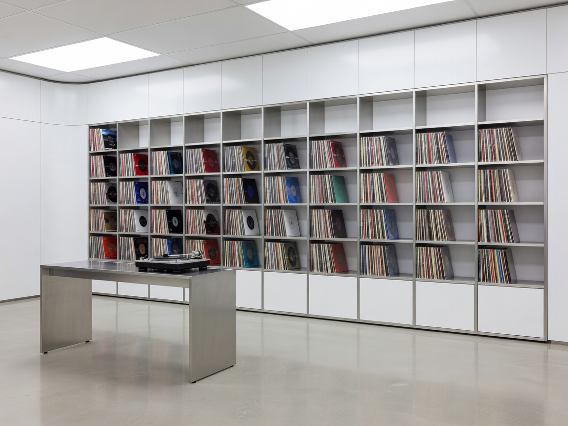 Modern clean room showcasing records on modular shelves
