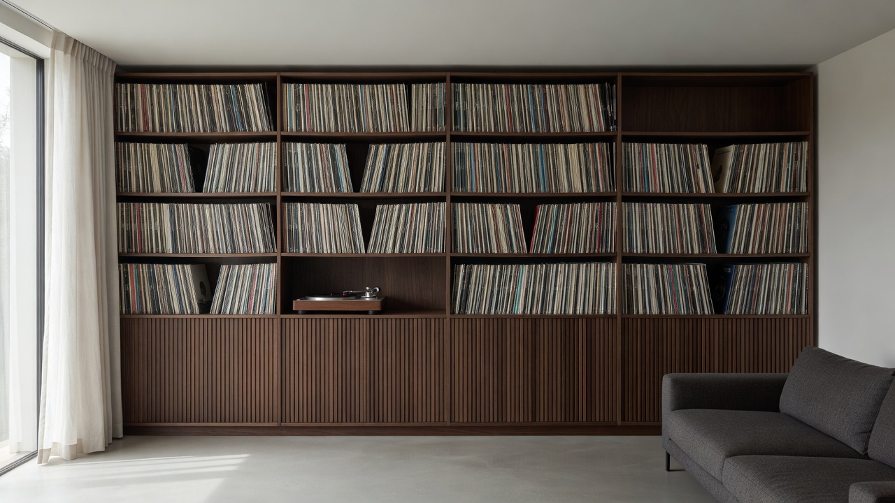 Shelves Groovs Smoked Walnut Floor to Ceiling Vinyl Shelving System in Minimalist Living Room with Vintage Turntable